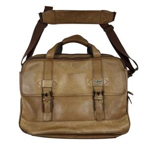 LL BEAN Vintage Tan Leather Casual Travel Briefcase Crossbody Messenger Bag